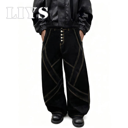 Gold Geometric Stitch Baggy Wide Leg Black Jeans – Unisex Streetwear Denim