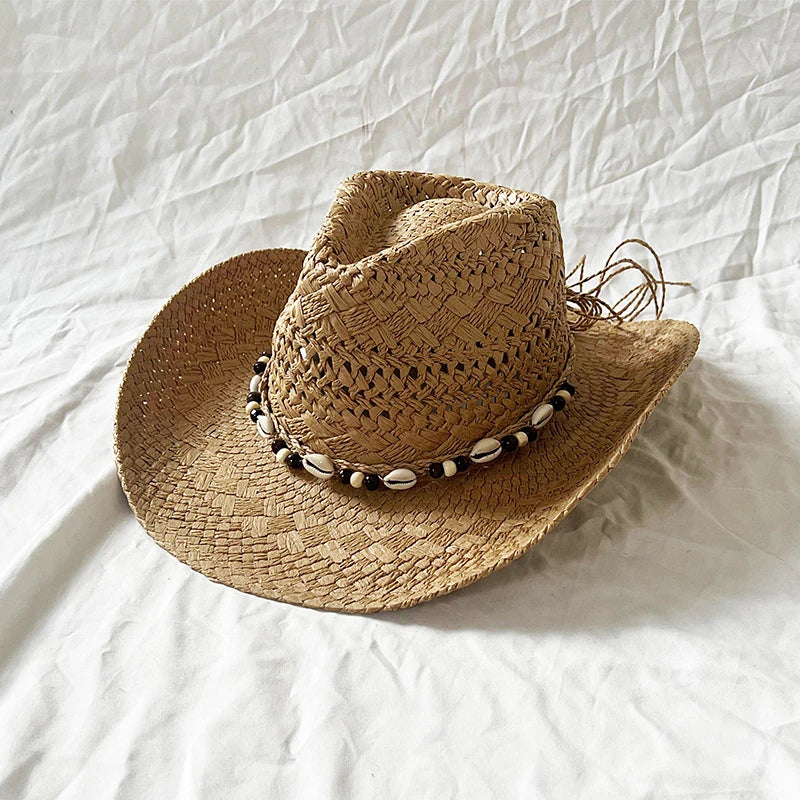 Straw Cowgirl Hat Bohemian Shell Bead Wide Brim Handmade Beach Sun Hat