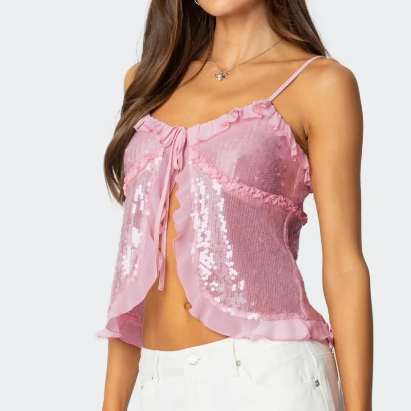 Sequin Cami Top – Sparkly Ruffle Glitter Camisole for Women