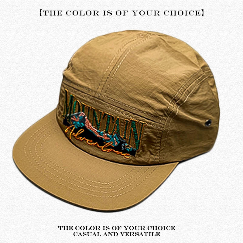 Mountain Adventure Embroidered 5-Panel Camp Cap – Quick-Dry Outdoor Hat