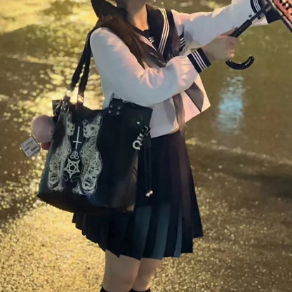 Large Capacity Black Tote Bag Women High Street Lolita Gothic Leather