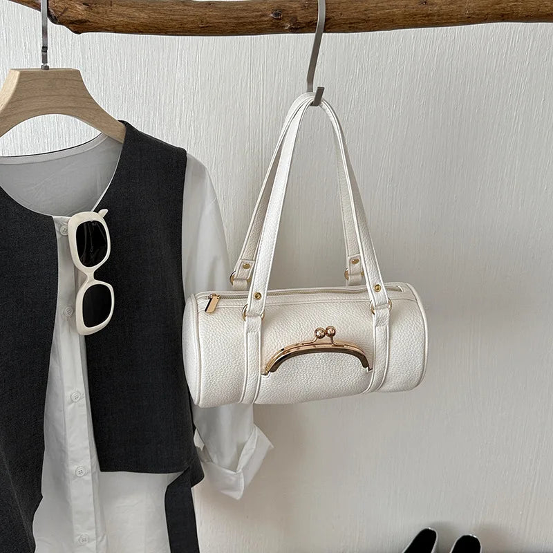 Vintage Cylinder Shoulder Bag With Kiss-lock Closure Soft Leather