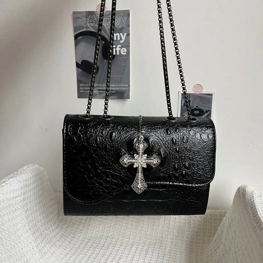 Vintage Black Gothic Underarm Bag Women Cross Faux Crocodile