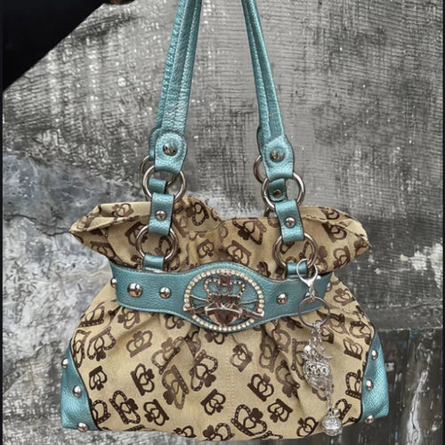 Vintage Y2k Print Shoulder Tote Bag Leather Splice Rivet