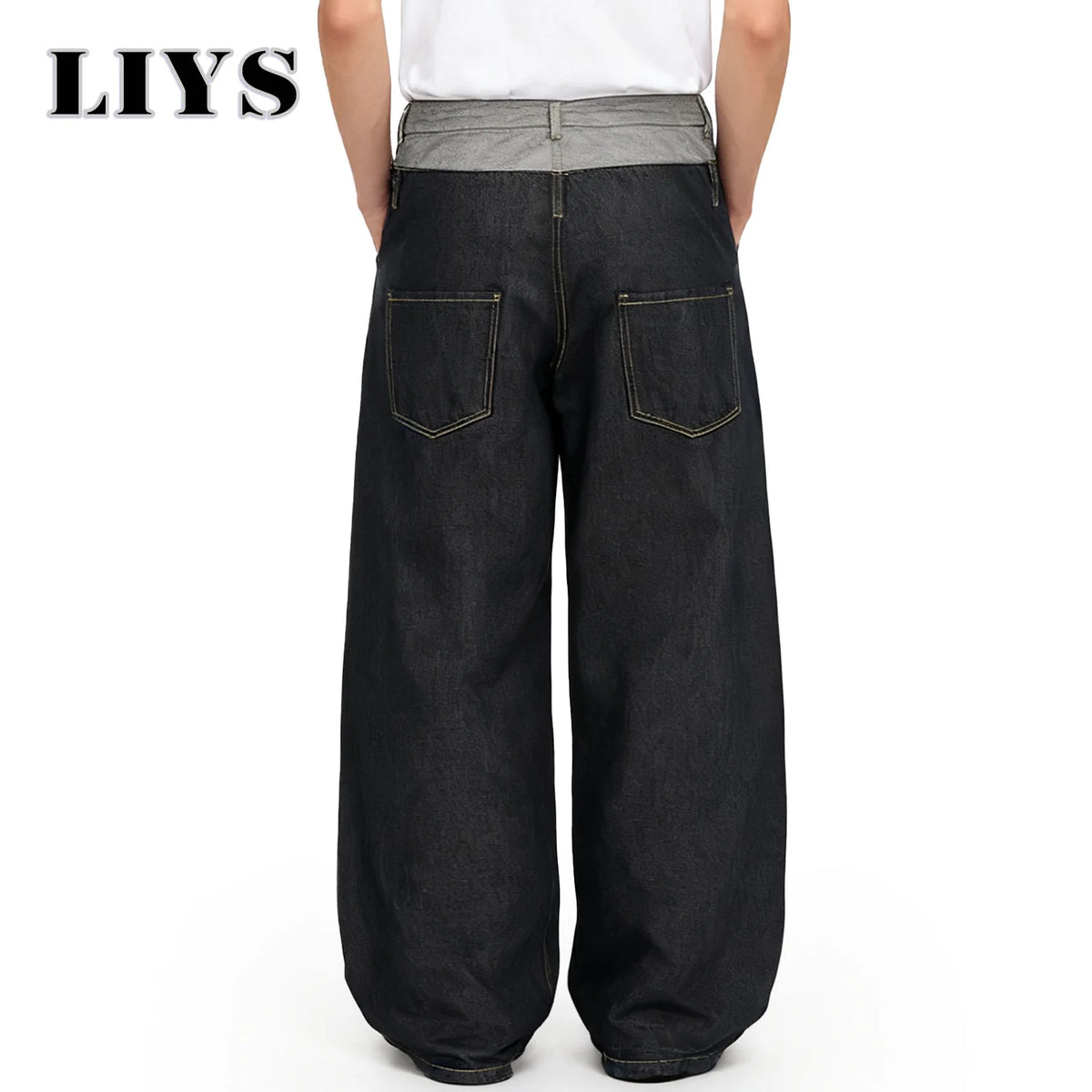 Men S Retro Personalized Double Waist Design Loose Wide Leg Jeans Street Denim Pants Gothic Baggy
