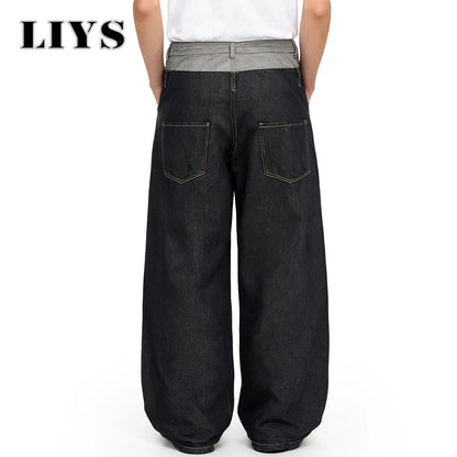 Men S Retro Personalized Double Waist Design Loose Wide Leg Jeans Street Denim Pants Gothic Baggy