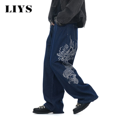 Men's Dragon Embroidered Baggy Wide Leg Jeans – Blue