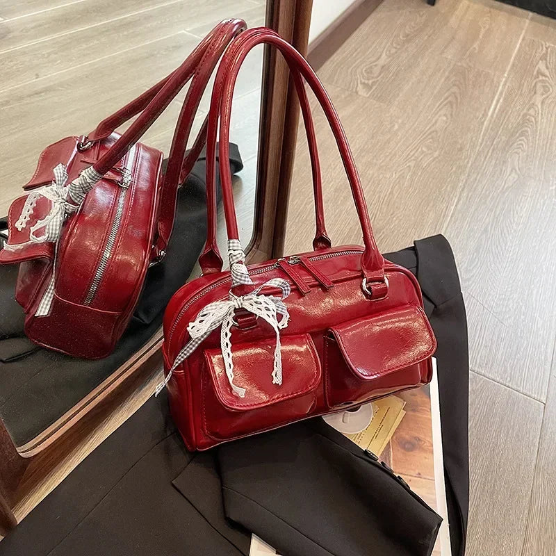 Solid Sewing Thread Fashion Glossy PU Shoulder Bags
