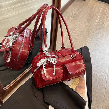 Solid Sewing Thread Fashion Glossy PU Shoulder Bags