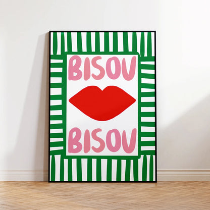 Bisou Bisou French Quote Wall Art Poster – Pink & Blue Maximalist Print
