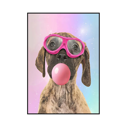 Funny Dog Bubble Gum Poster – Pomeranian with Pink Glasses Wall Art Print