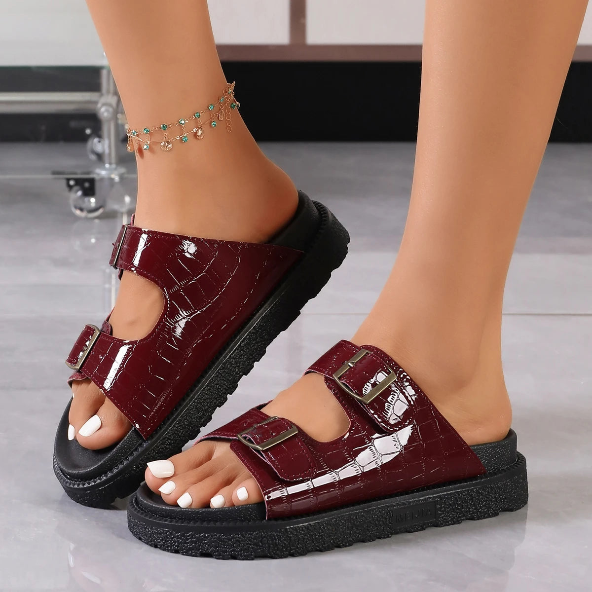 Women's Platform Sandals – Double Metal Buckle Thick Sole Slides