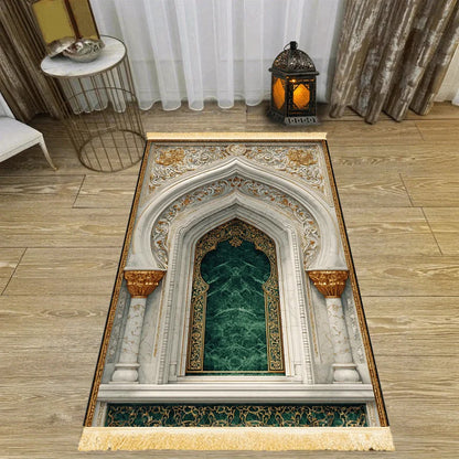 Islamic Prayer Mat – Luxury Mosque Arch 3D Print with Fringe