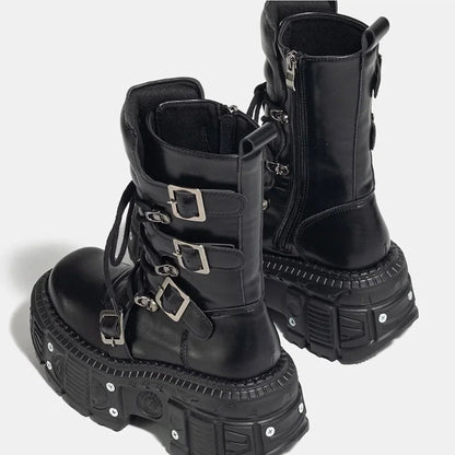 Punk Style Women Shoes Lace-Up Platform Woman Rock Boots Metal Decor Thick Bottom Street Shot Knight