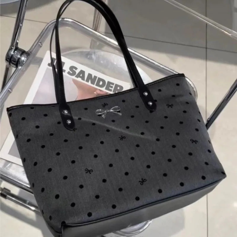 Sweet Cool Black Tote Bag Women College Style Trendy Bow Print