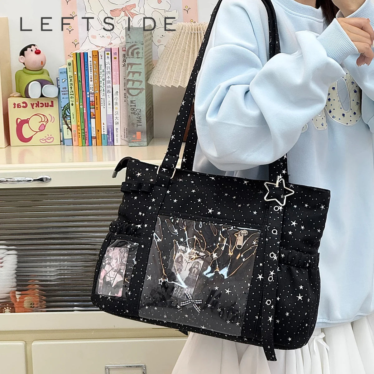 Star Print Nylon Tote Bag – Women's Shoulder Bag with Clear Pocket