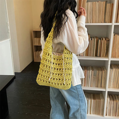 Women's Crochet Hollow Woven Drawstring Shoulder Bag