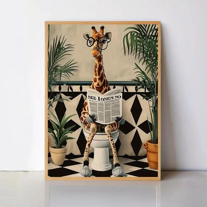 Giraffe Reading Newspaper Bathroom Wall Art Poster