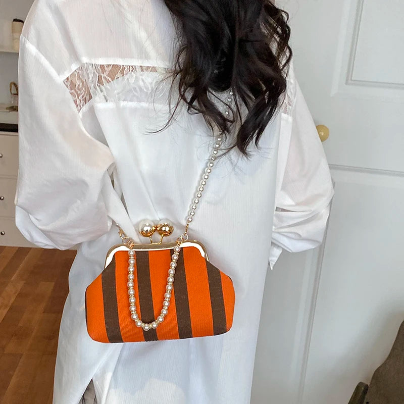 Pearl Chain Kisslock Handbag – Striped Fabric Evening Bag