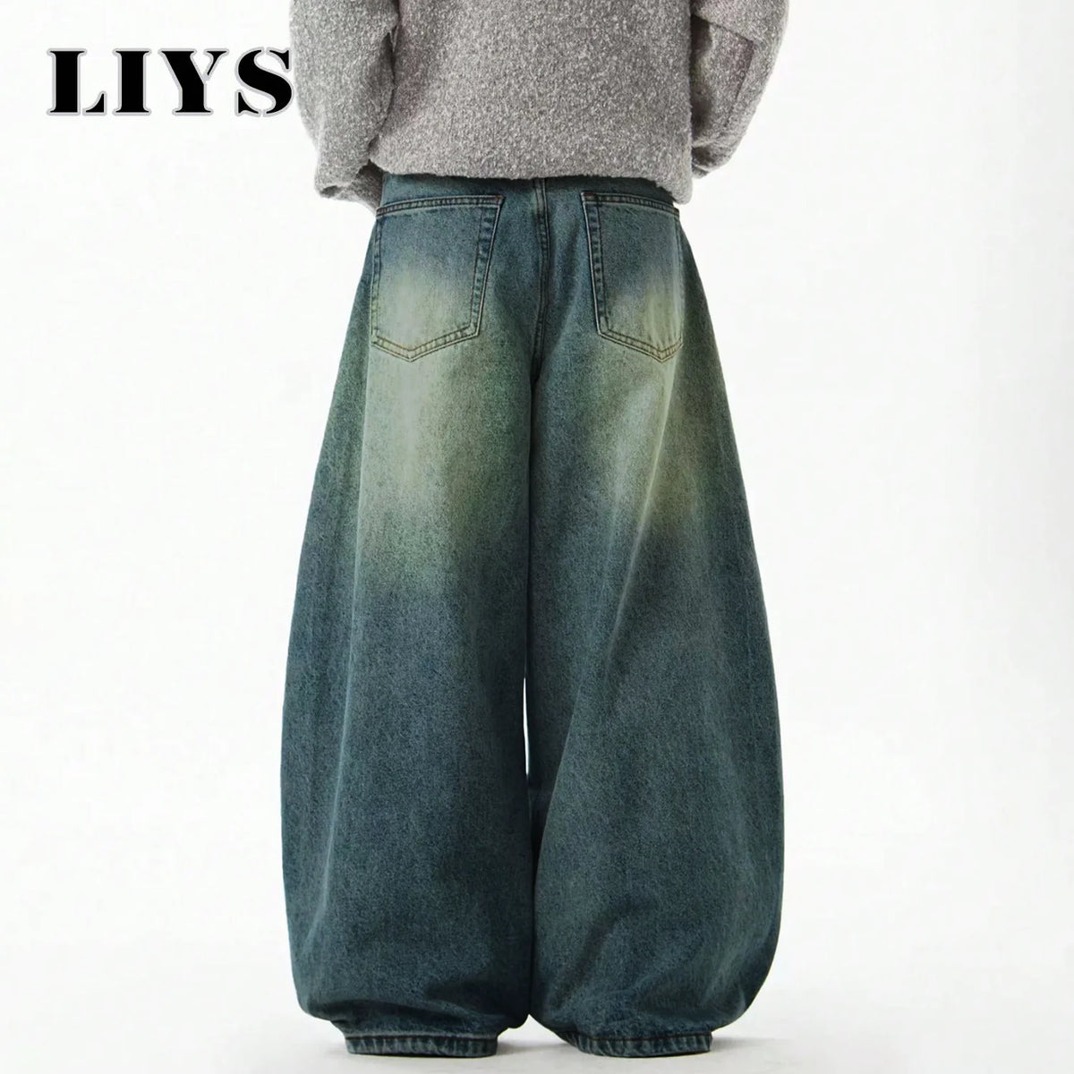 Men S Wear Blue Wide-Leg Denim Pants Baggy Jeans Vintage Three-Dimensional Cut Curved Knife Loose