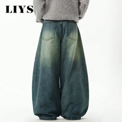 Men S Wear Blue Wide-Leg Denim Pants Baggy Jeans Vintage Three-Dimensional Cut Curved Knife Loose