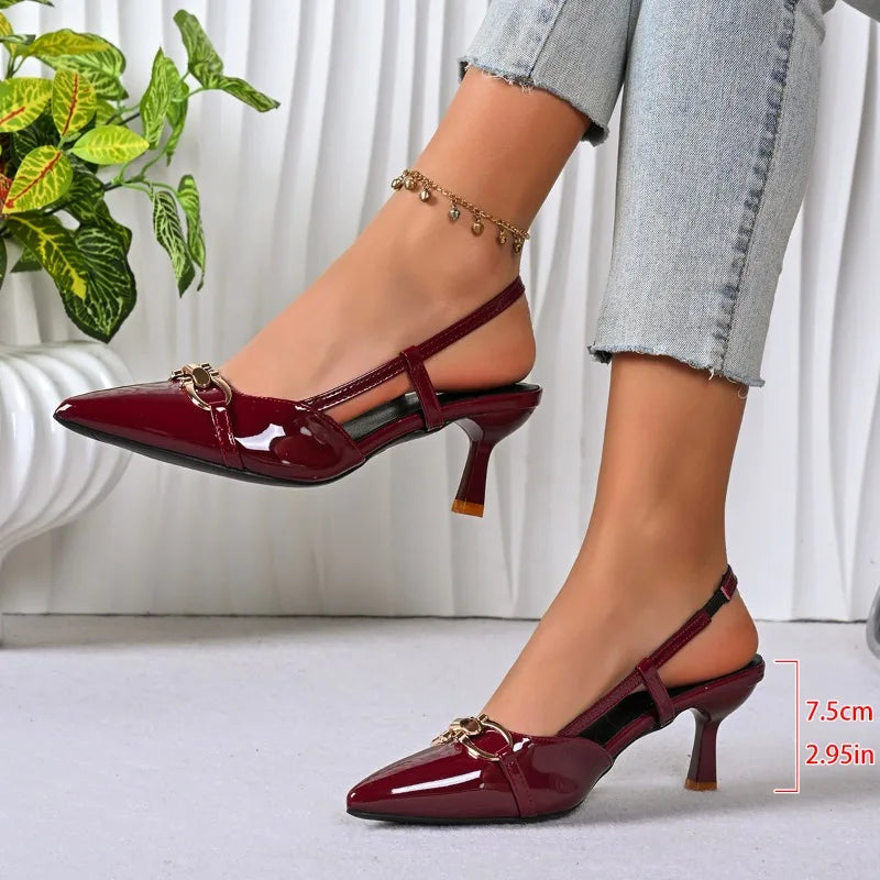 Pointed Toe Slingback Pumps – Patent Leather Mid Heel Sandals