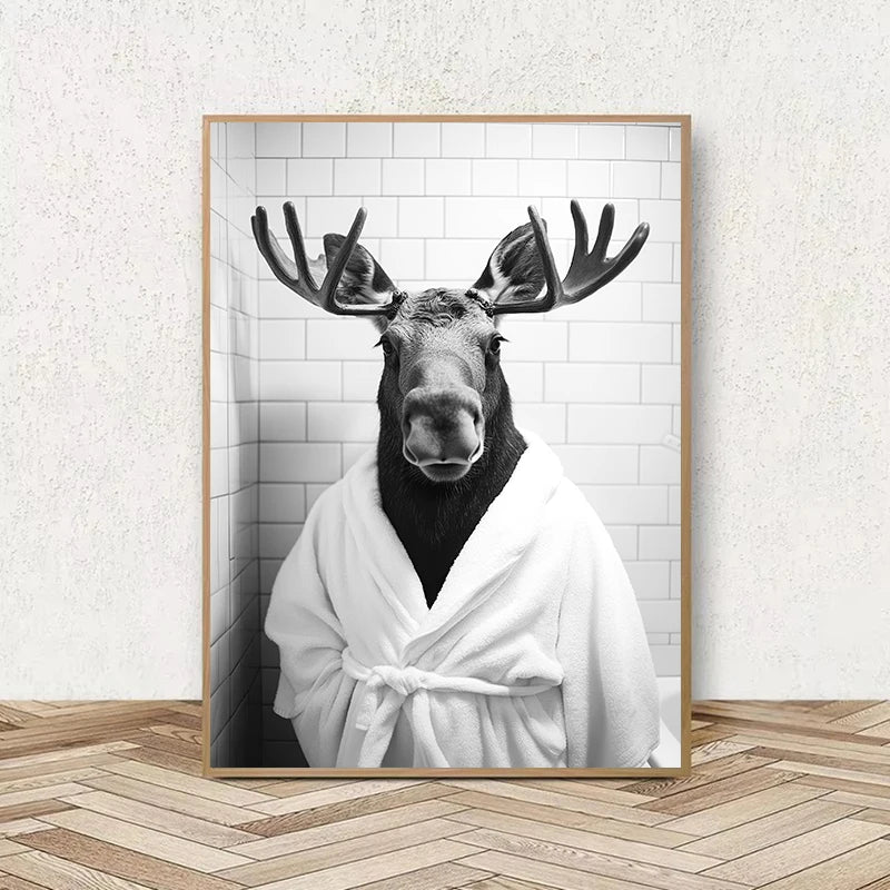 Funny Animal Bathroom Wall Art Poster – Quirky Wildlife in Bathrobe Print