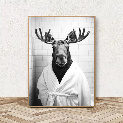 Funny Animal Bathroom Wall Art Poster – Quirky Wildlife in Bathrobe Print