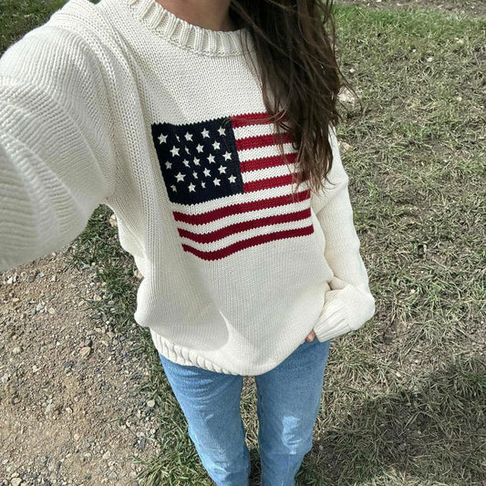 American Flag Knit Sweater – Women's Loose Fit Pullover