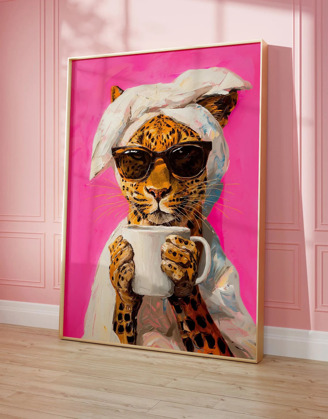 Leopard Drinking Coffee Canvas Wall Art – Maximalist Decor