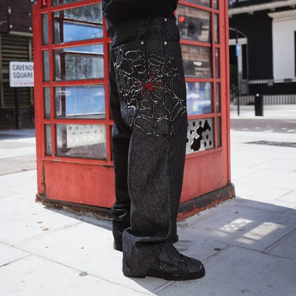 Y2K Spiderweb Baggy Jeans – Black Gothic Streetwear Wide Leg Denim