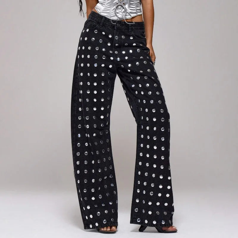 Mirror Rivet Baggy Straight-Leg Jeans – Y2K Mid-Waist Women's Trousers