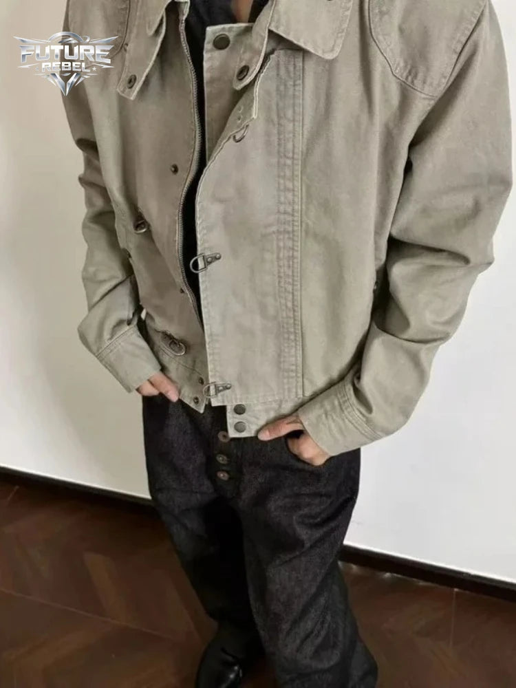 Retro Workwear Jacket – Unisex Short Coat with Metal Clasp Detail
