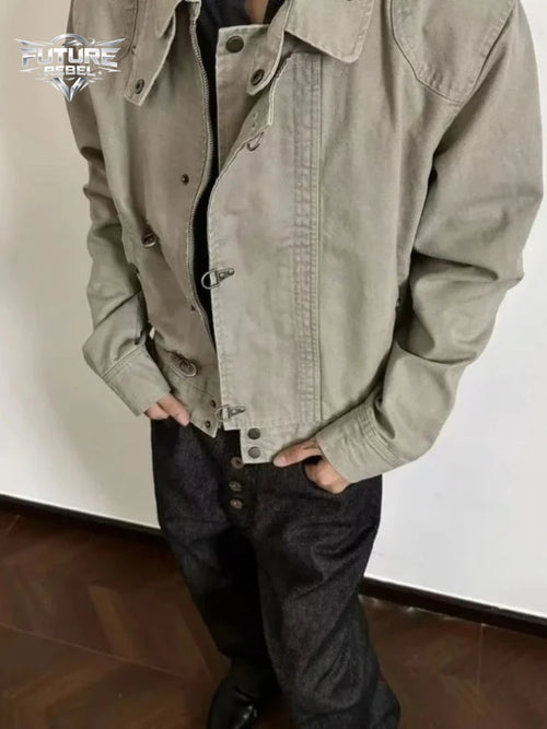 Retro Workwear Jacket – Unisex Short Coat with Metal Clasp Detail