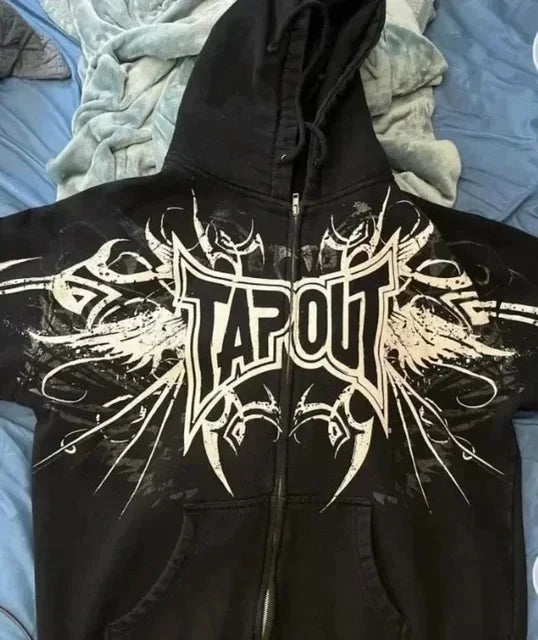 Green Tapout Graphic Zip Hoodie – Y2K Hip Hop Oversized Sweatshirt