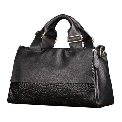 Floral Embossed Genuine Leather Handbag – Women's Shoulder Bag