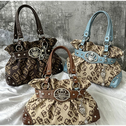 Vintage Y2k Print Shoulder Tote Bag Leather Splice Rivet