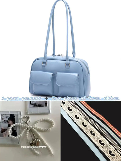 Retro White Bowling Bag Purse Women Hot Girls Leather Pocket
