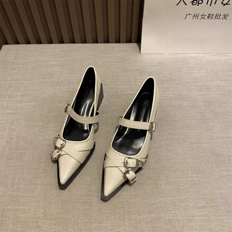 Pointed Toe Mary Jane Heels – Women's Metal Buckle Dress Shoes