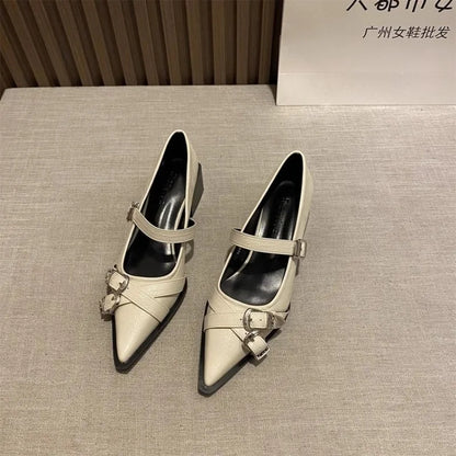 Pointed Toe Mary Jane Heels – Women's Metal Buckle Dress Shoes
