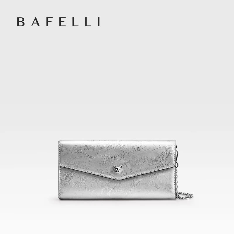Leather Chain Wallet Bag – Long Envelope Clutch with Cat Clasp