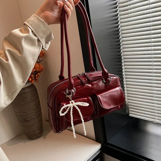 Solid Sewing Thread Fashion Glossy PU Shoulder Bags
