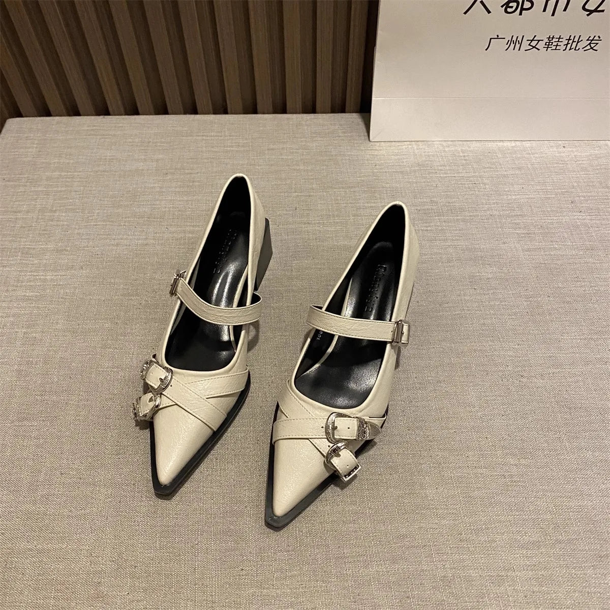 Pointed Toe Mary Jane Heels – Women's Metal Buckle Dress Shoes