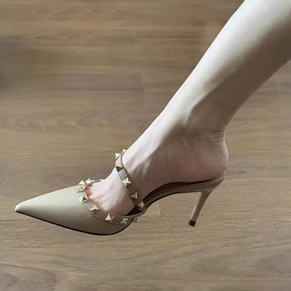 Rivet Pointed-Toe Stiletto Mule Heels with Ankle Strap