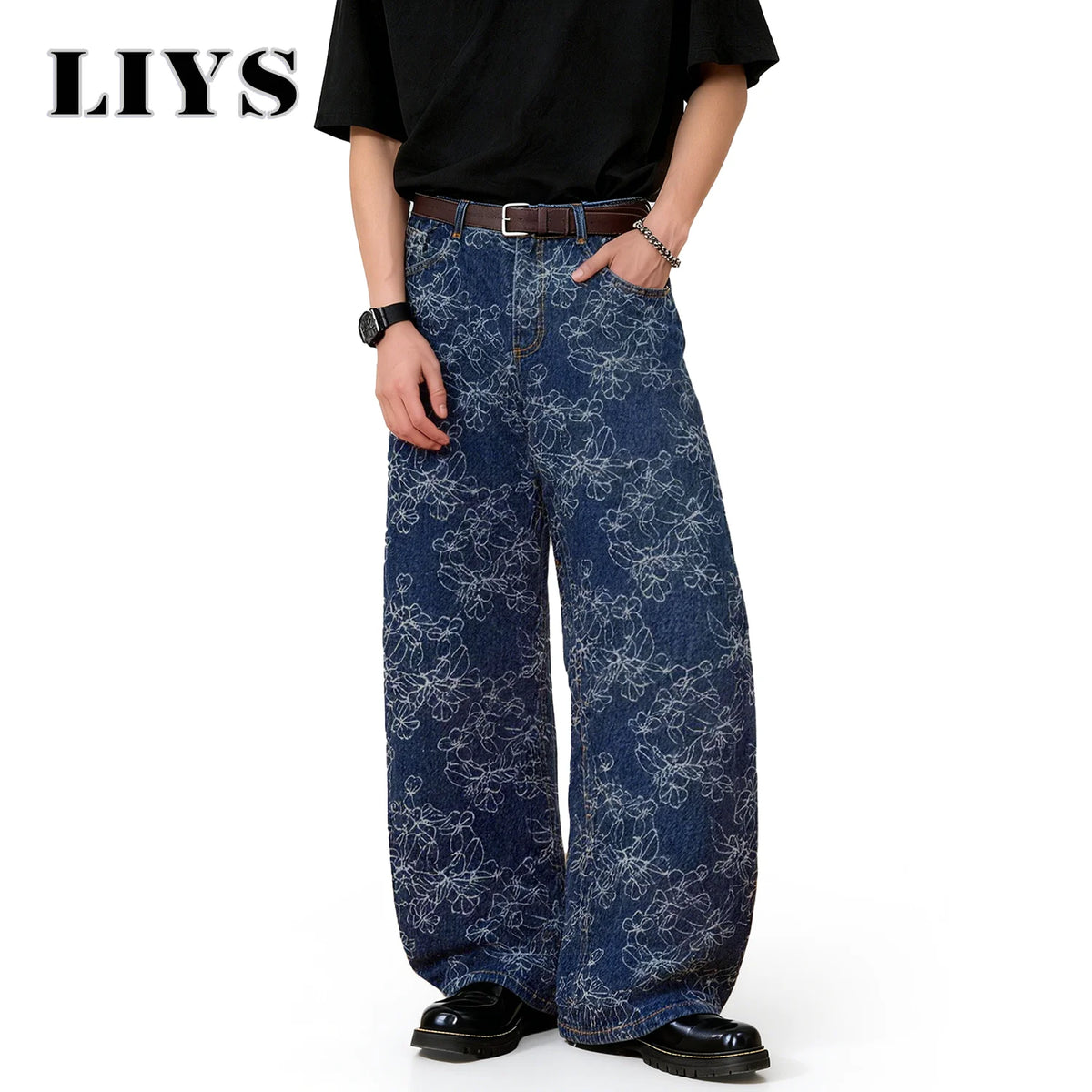 Floral Jacquard Baggy Wide Leg Jeans – Korean Retro Blue Denim