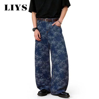 Floral Jacquard Baggy Wide Leg Jeans – Korean Retro Blue Denim