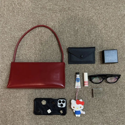 Retro Red Underarm Bag Women Simple Leather Large Capacity