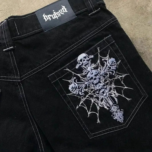Y2K Skull Embroidered Baggy Jeans for Men