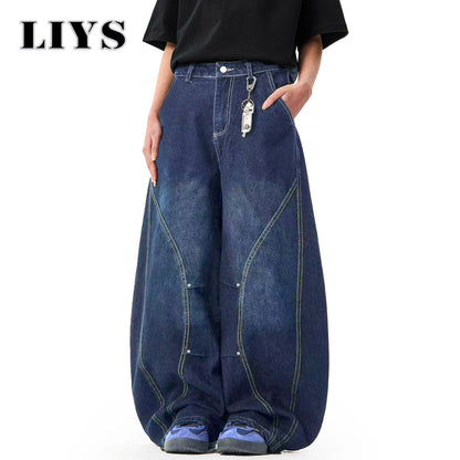 Men S American Retro Blue Loose Machete Wide Leg Jeans Unisex Baggy Straight Sickle Denim Pants