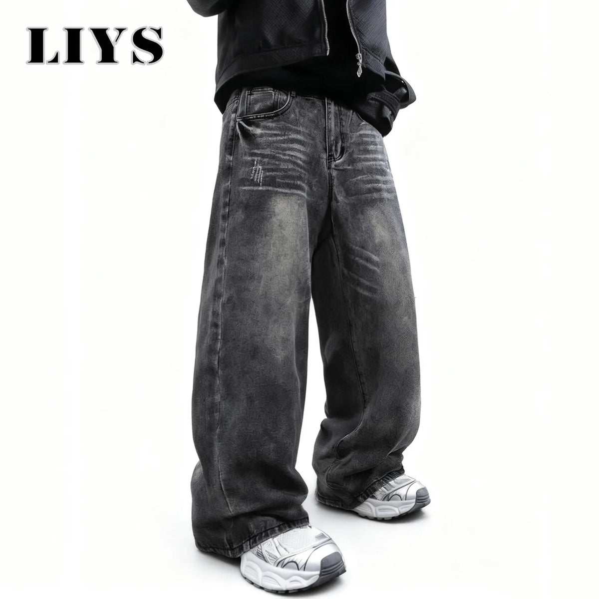 Baggy Wide-Leg Jeans Dark Gray – LIYS Unisex Retro Oversized Denim